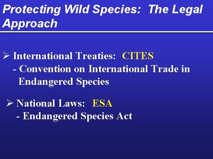 Protecting Wild Species: The Legal Approach Ø International Treaties: CITES - Convention on International