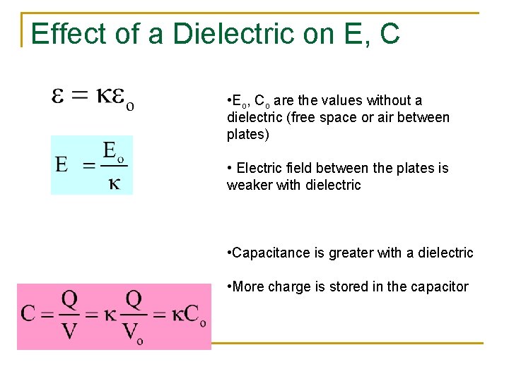 Effect of a Dielectric on E, C • Eo, Co are the values without