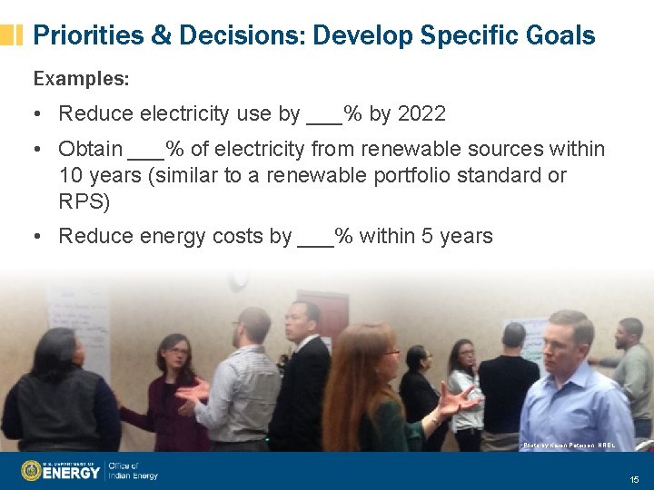 Priorities & Decisions: Develop Specific Goals Examples: • Reduce electricity use by ___% by