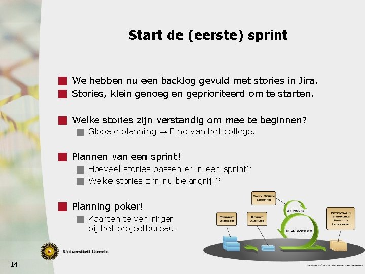 Start de (eerste) sprint g We hebben nu een backlog gevuld met stories in