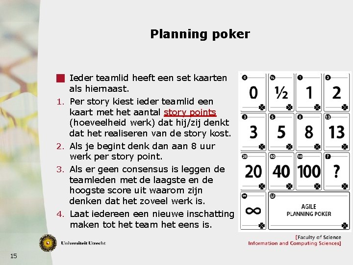 Planning poker g Ieder teamlid heeft een set kaarten 1. 2. 3. 4. 15