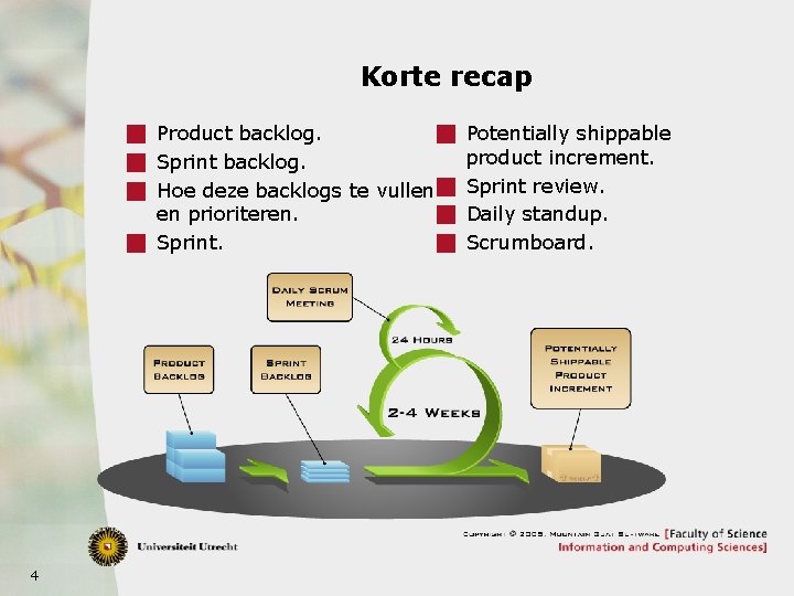 Korte recap g Product backlog. g Potentially shippable product increment. g Hoe deze backlogs