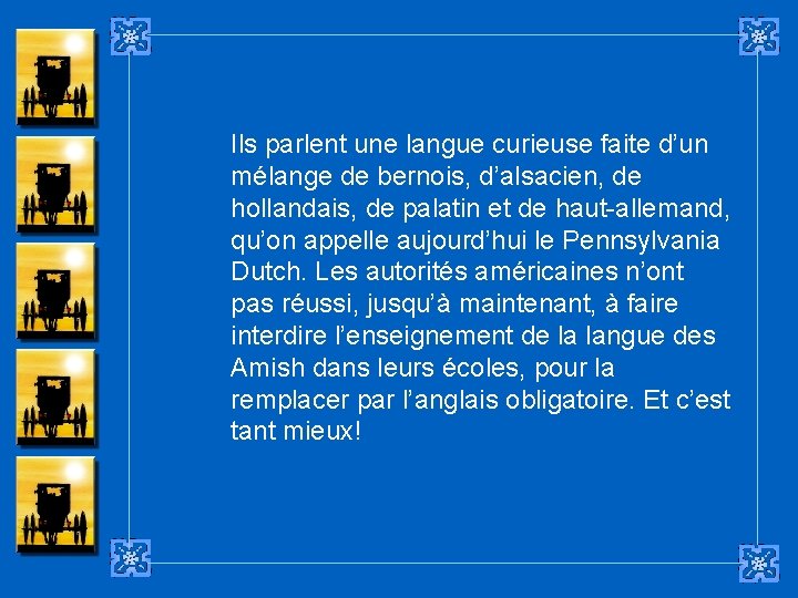 Ils parlent une langue curieuse faite d’un mélange de bernois, d’alsacien, de hollandais, de