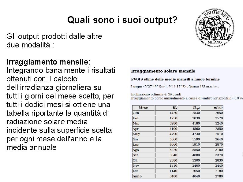 Quali sono i suoi output? Gli output prodotti dalle altre due modalità : Irraggiamento