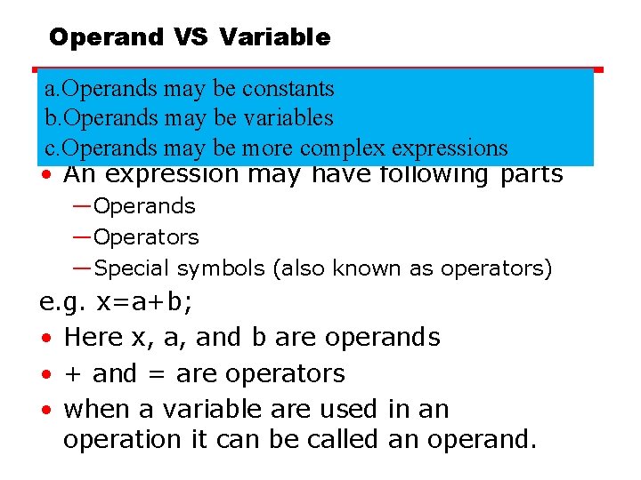 Operand VS Variable a. Operands may be constants • b. Operands Is theremay anybedifference