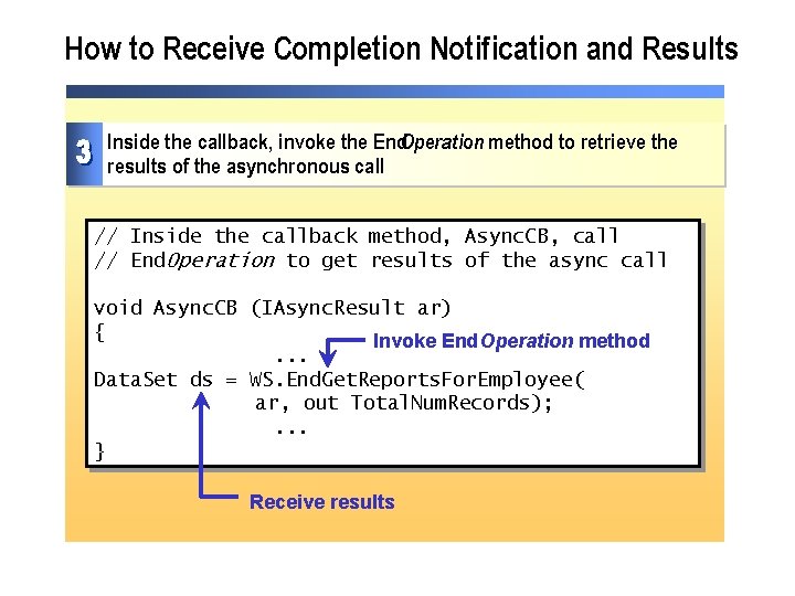 How to Receive Completion Notification and Results Inside the callback, invoke the End. Operation