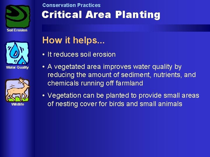 Conservation Practices Critical Area Planting Soil Erosion How it helps. . . • It Conservation Practices Critical Area Planting Soil Erosion How it helps. . . • It