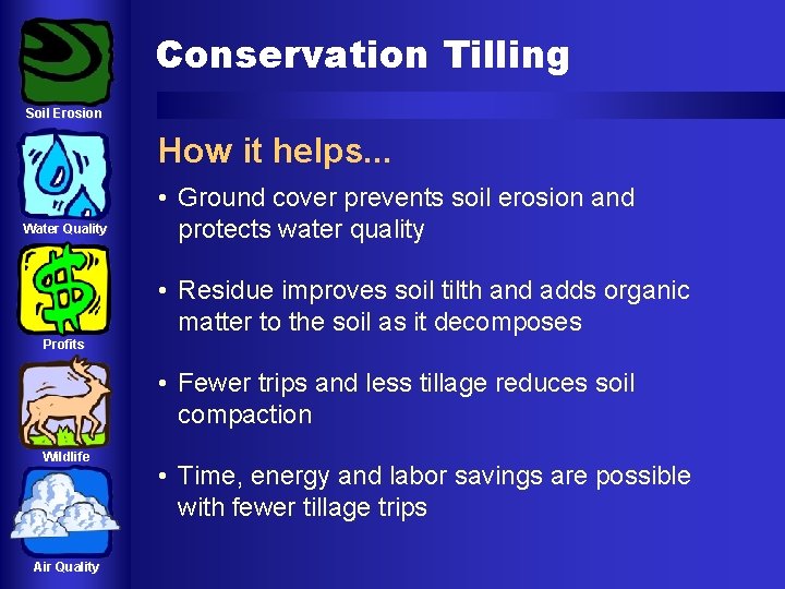 Conservation Tilling Soil Erosion How it helps. . . Water Quality • Ground cover Conservation Tilling Soil Erosion How it helps. . . Water Quality • Ground cover