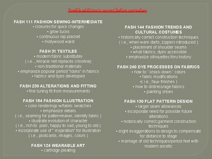 Possible additions to current fashion curriculum FASH 111 FASHION SEWING-INTERMEDIATE • closures for quick