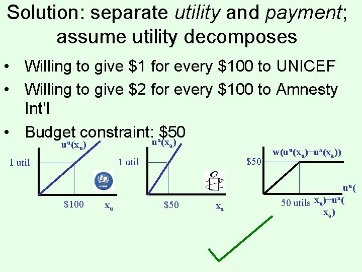 Solution: separate utility and payment; assume utility decomposes • Willing to give $1 for