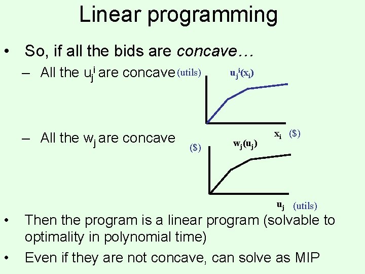 Linear programming • So, if all the bids are concave… – All the uji