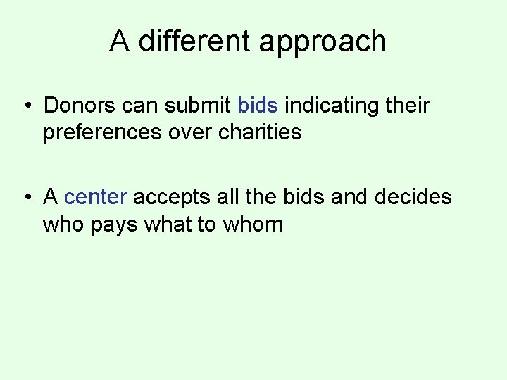 A different approach • Donors can submit bids indicating their preferences over charities •