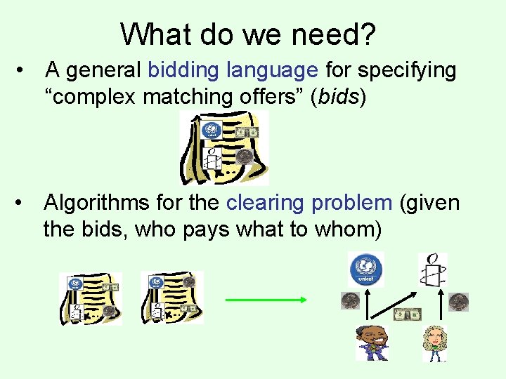 What do we need? • A general bidding language for specifying “complex matching offers”