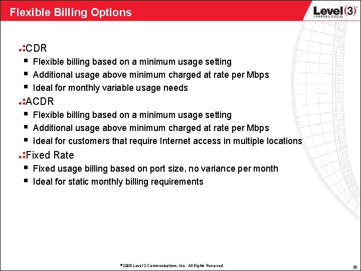Flexible Billing Options CDR § § § Flexible billing based on a minimum usage