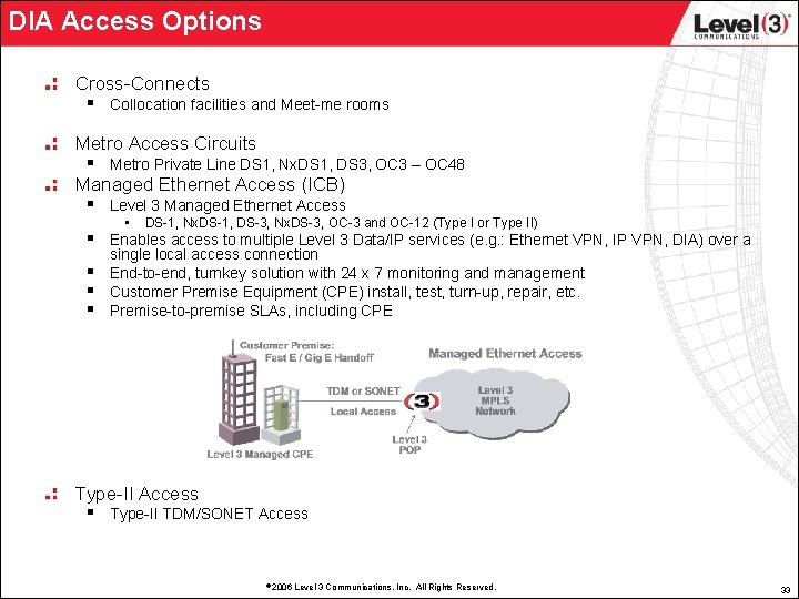 DIA Access Options Cross-Connects § Collocation facilities and Meet-me rooms Metro Access Circuits §