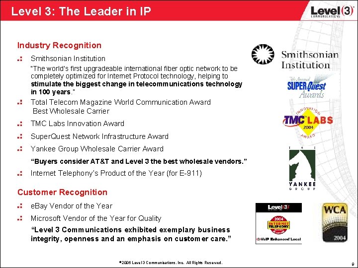 Level 3: The Leader in IP Industry Recognition Smithsonian Institution “The world’s first upgradeable