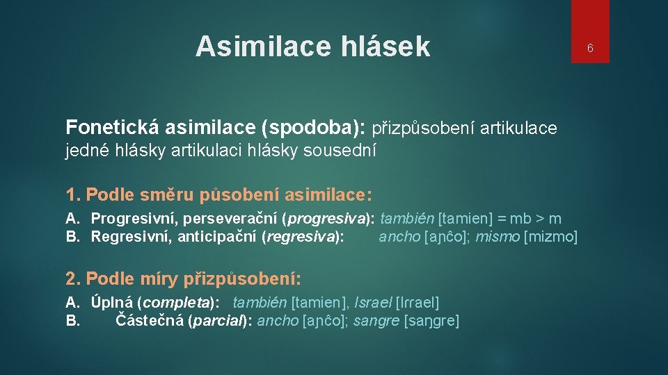 Asimilace hlásek Fonetická asimilace (spodoba): přizpůsobení artikulace jedné hlásky artikulaci hlásky sousední 1. Podle