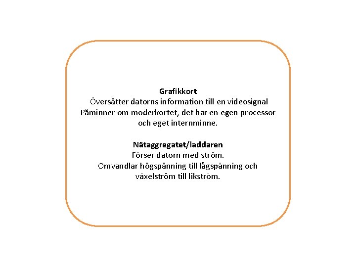 Grafikkort Översätter datorns information till en videosignal Påminner om moderkortet, det har en egen