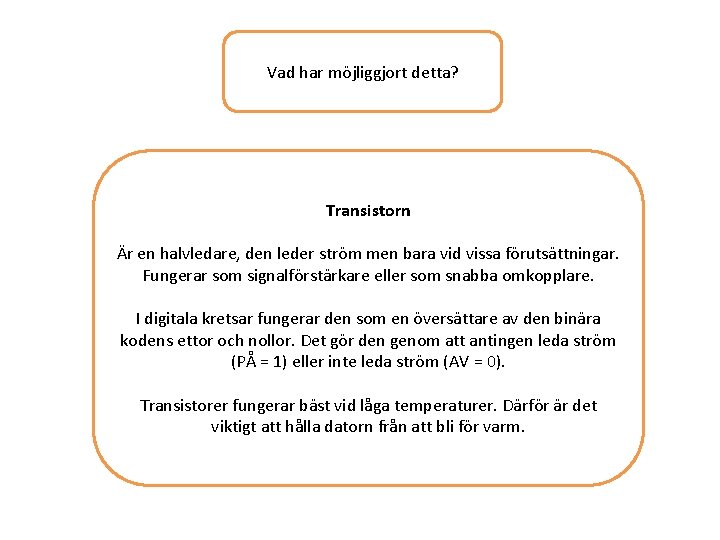 Vad har möjliggjort detta? Transistorn Är en halvledare, den leder ström men bara vid