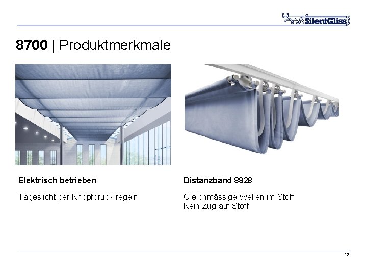 8700 | Produktmerkmale Elektrisch betrieben Distanzband 8828 Tageslicht per Knopfdruck regeln Gleichmässige Wellen im