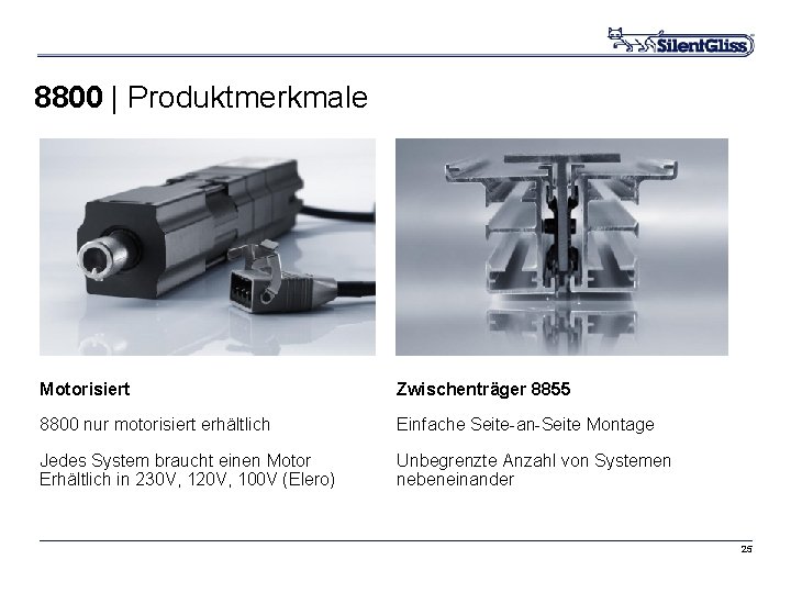 8800 | Produktmerkmale Motorisiert Zwischenträger 8855 8800 nur motorisiert erhältlich Einfache Seite-an-Seite Montage Jedes