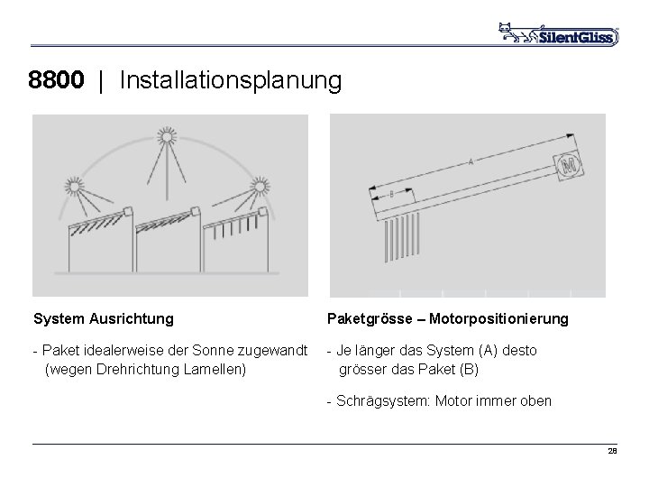 8800 | Installationsplanung System Ausrichtung Paketgrösse – Motorpositionierung - Paket idealerweise der Sonne zugewandt