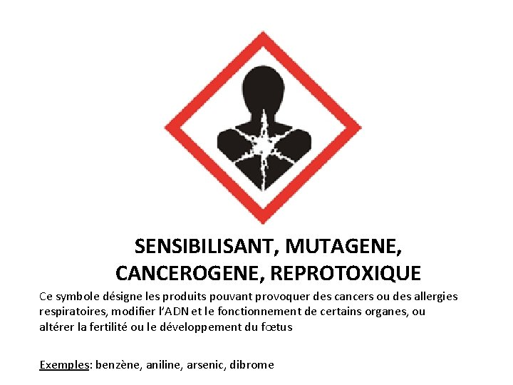 SENSIBILISANT, MUTAGENE, CANCEROGENE, REPROTOXIQUE Ce symbole désigne les produits pouvant provoquer des cancers ou