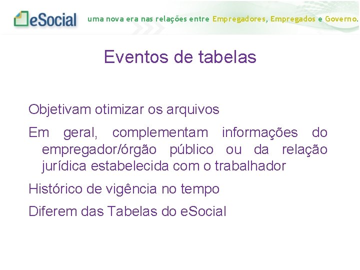 uma nova era nas relações entre Empregadores, Empregados e Governo. Eventos de tabelas Objetivam