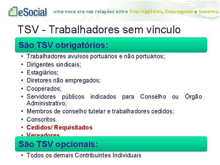 uma nova era nas relações entre Empregadores, Empregados e Governo. TSV - Trabalhadores sem