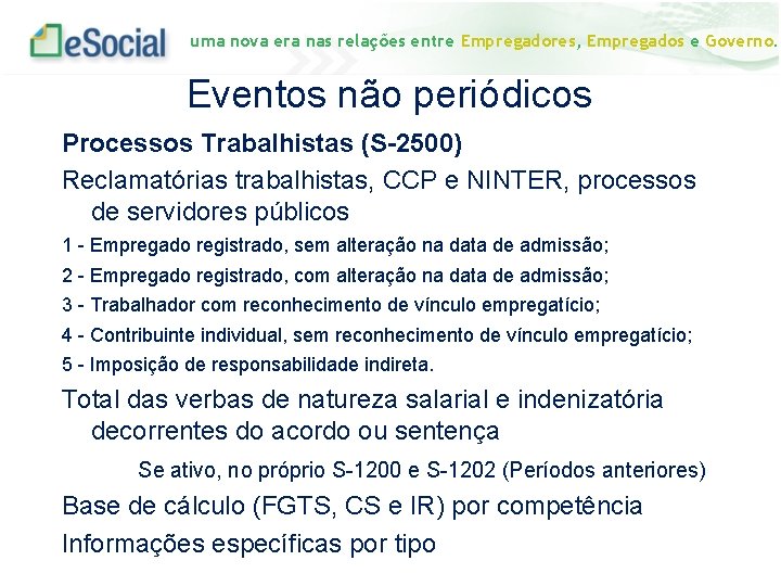 uma nova era nas relações entre Empregadores, Empregados e Governo. Eventos não periódicos Processos