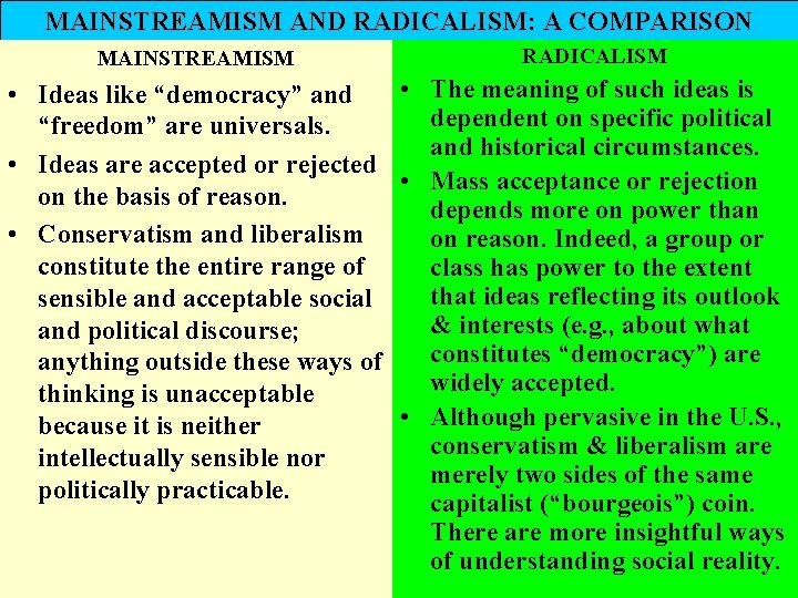MAINSTREAMISM AND RADICALISM: A COMPARISON MAINSTREAMISM RADICALISM • The meaning of such ideas is