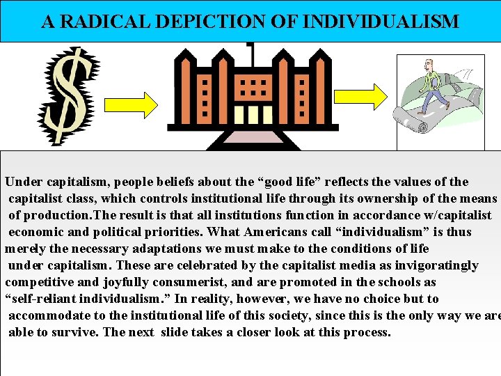 A RADICAL DEPICTION OF INDIVIDUALISM Under capitalism, people beliefs about the “good life” reflects