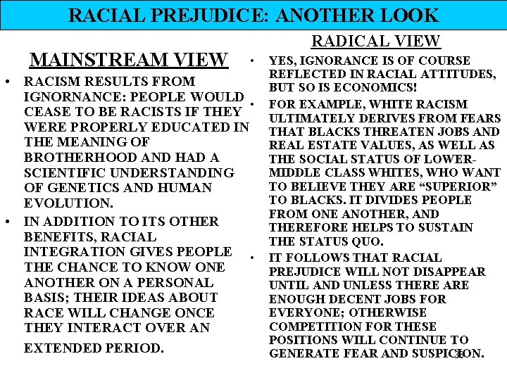 RACIAL PREJUDICE: ANOTHER LOOK MAINSTREAM VIEW RADICAL VIEW • • RACISM RESULTS FROM IGNORNANCE: