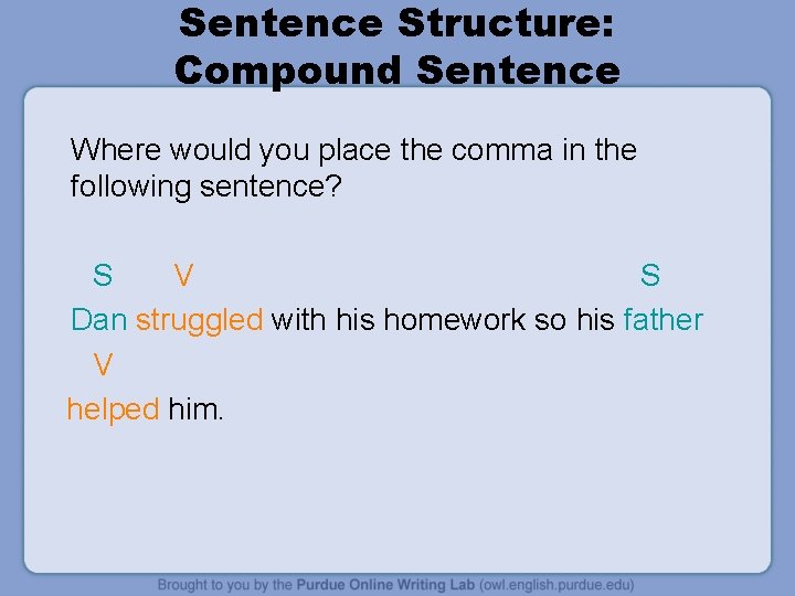 Sentence Structure: Compound Sentence Where would you place the comma in the following sentence?