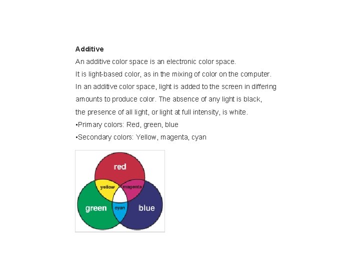 Additive An additive color space is an electronic color space. It is light-based color,