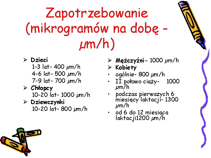 Zapotrzebowanie (mikrogramów na dobę µm/h) Ø Dzieci 1 -3 lat- 400 µm/h 4 -6