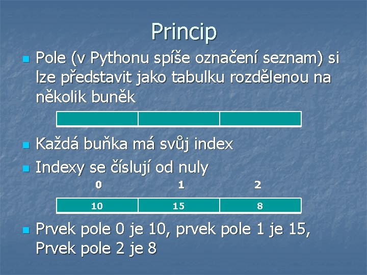 Princip n n Pole (v Pythonu spíše označení seznam) si lze představit jako tabulku