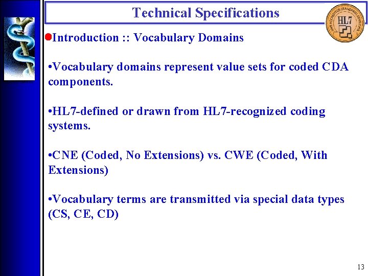 Technical Specifications • Introduction : : Vocabulary Domains • Vocabulary domains represent value sets