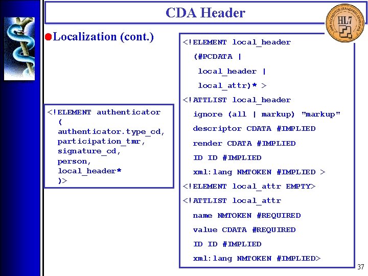 CDA Header • Localization (cont. ) <!ELEMENT local_header (#PCDATA | local_header | local_attr)* >