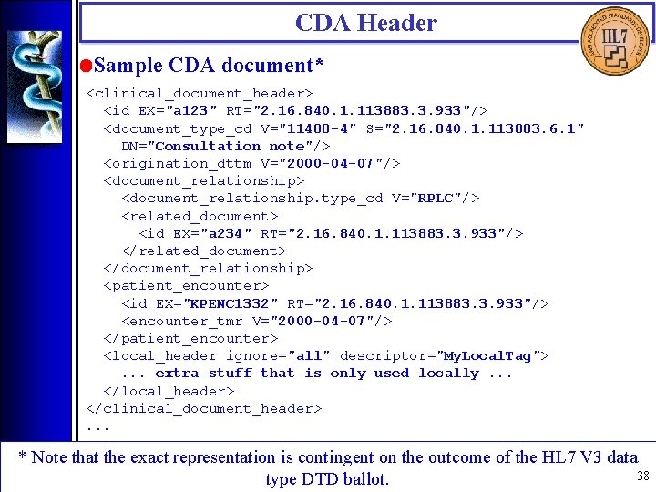 CDA Header • Sample CDA document* <clinical_document_header> <id EX="a 123" RT="2. 16. 840. 1.