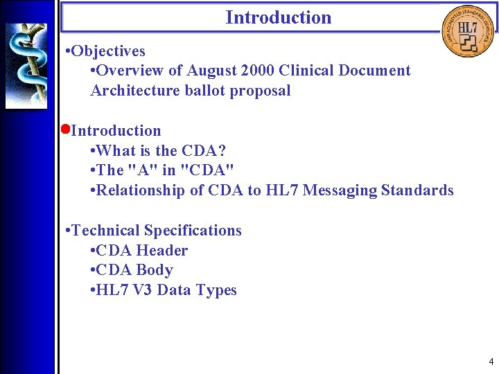 Introduction • Objectives • Overview of August 2000 Clinical Document Architecture ballot proposal •