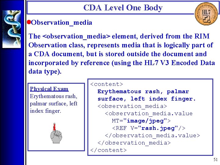 CDA Level One Body • Observation_media The <observation_media> element, derived from the RIM Observation