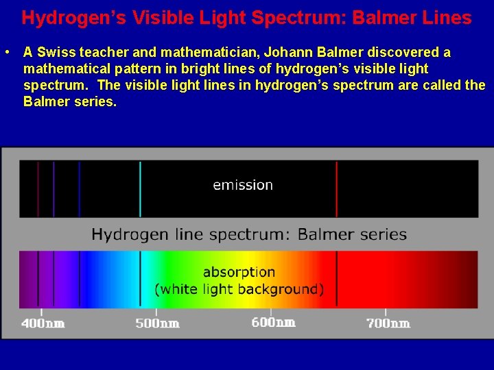 Hydrogen’s Visible Light Spectrum: Balmer Lines • A Swiss teacher and mathematician, Johann Balmer