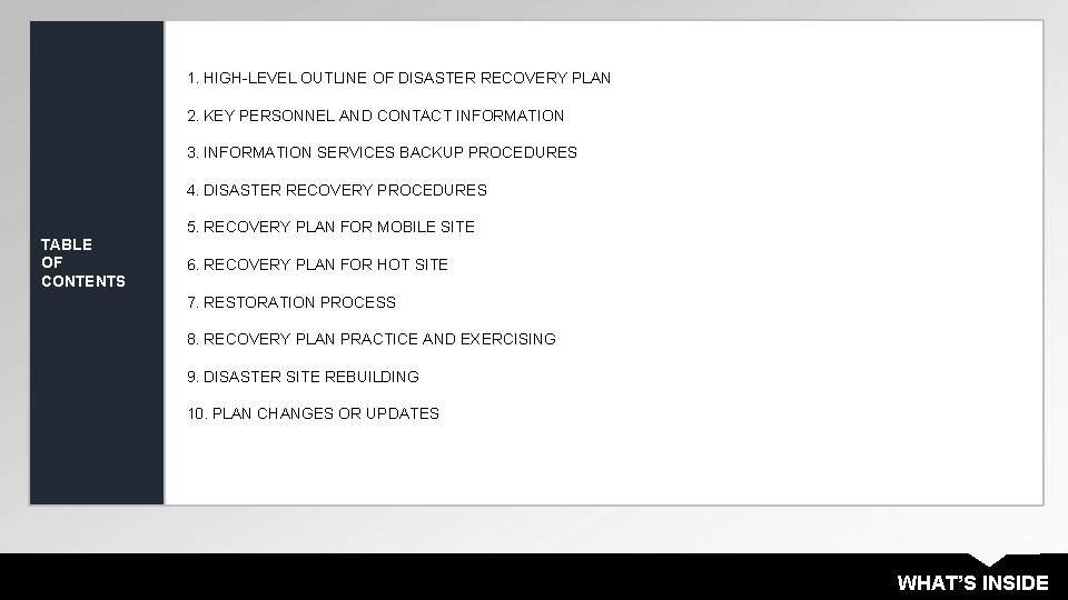 1. HIGH-LEVEL OUTLINE OF DISASTER RECOVERY PLAN 2. KEY PERSONNEL AND CONTACT INFORMATION 3.