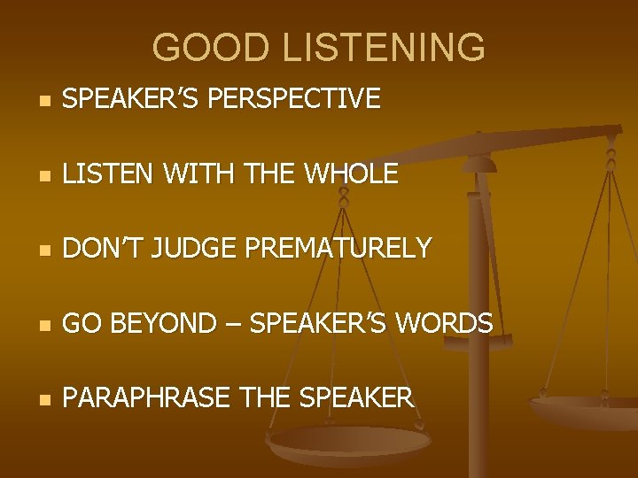 GOOD LISTENING n SPEAKER’S PERSPECTIVE n LISTEN WITH THE WHOLE n DON’T JUDGE PREMATURELY