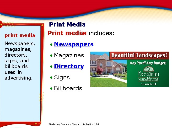 print media Newspapers, magazines, directory, signs, and billboards used in advertising. Print Media Print