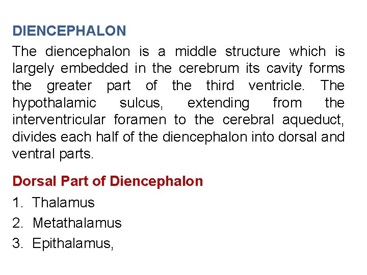 DIENCEPHALON The diencephalon is a middle structure which is largely embedded in the cerebrum