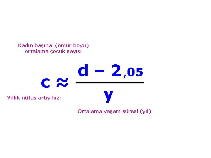 Kadın başına (ömür boyu) ortalama çocuk sayısı d – 2 , 05 c≈ y