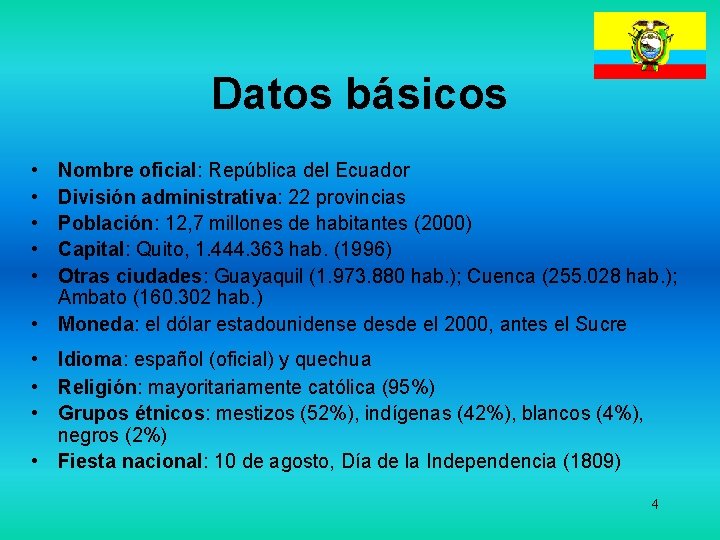 Datos básicos • • • Nombre oficial: República del Ecuador División administrativa: 22 provincias