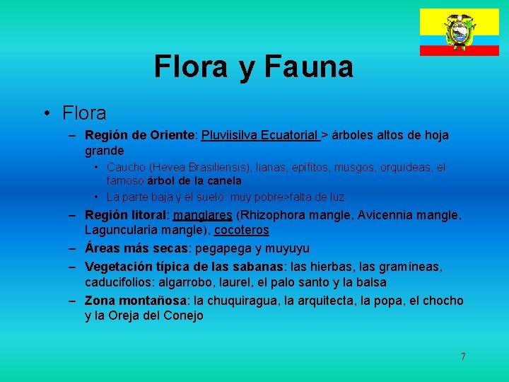 Flora y Fauna • Flora – Región de Oriente: Pluviisilva Ecuatorial > árboles altos